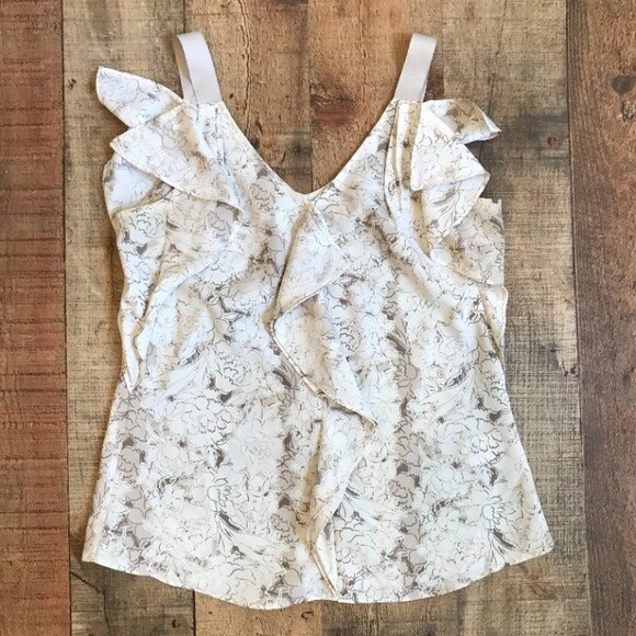 Banana Republic Factory Tan Cream Floral Cami Ruffles PXS Summer Flirty Neutral - Picture 6 of 8